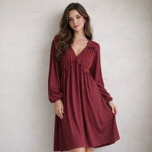 NWT Aokosor Ruffle V-Neck Dress Women 2X Burgundy Long Sleeve Babydoll Boho
